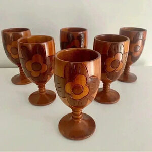 Set of six Vintage Wooden teak Tiki Mug Boho  Goblets Glass MCM